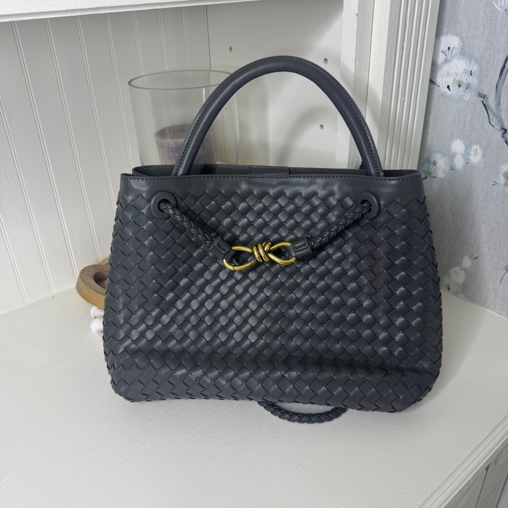 Woven Grey Faux Leather Satchel Handbag Braided Crossbody Strap Gold Knot Detail